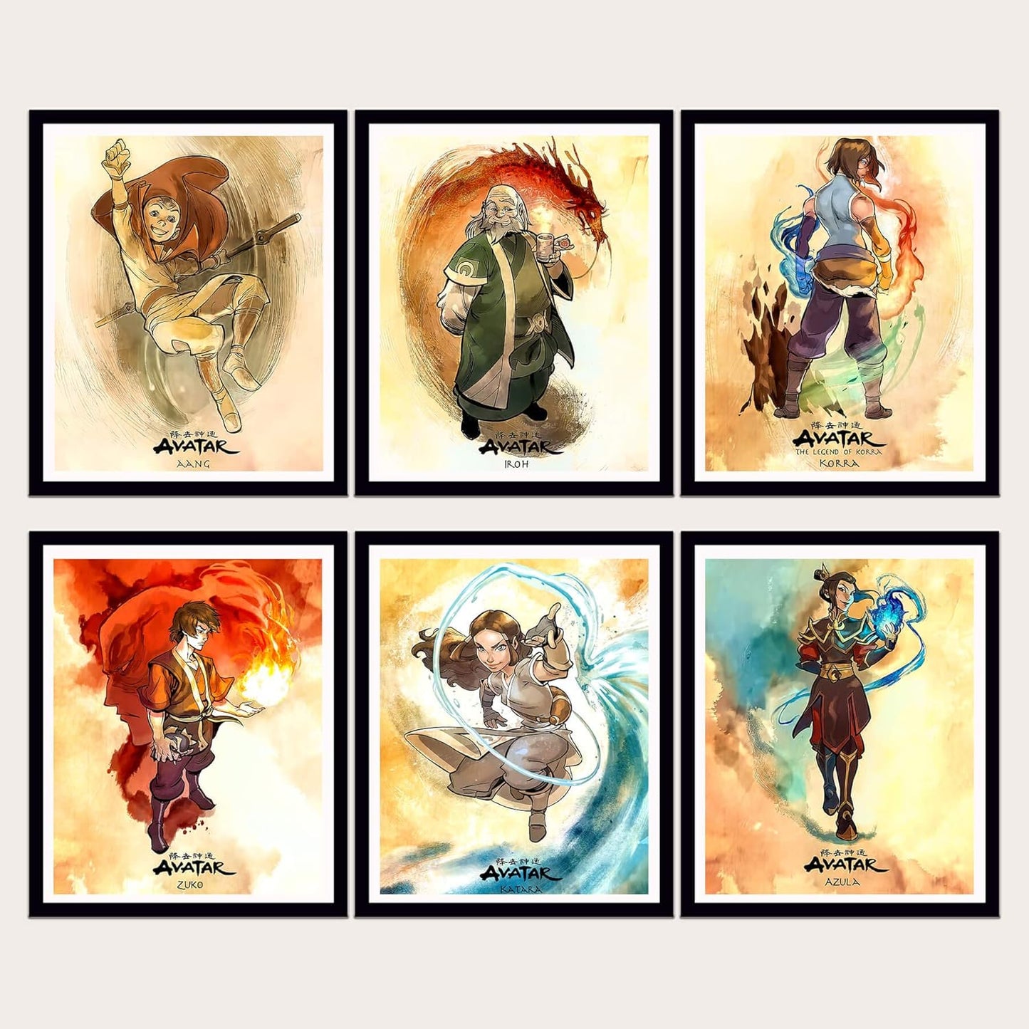Canvas Wall Art for Bedroom Living Room Wall Decor Avatar Aang Iroh Japanese Anime 6 Pieces Poster Artwork Paintings for Bathroom Kitchen Decor,No Framed